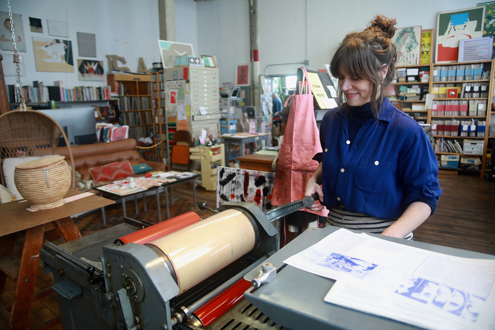 Emily Larned in her studio, November 2023 Open Studios, photo by KVON